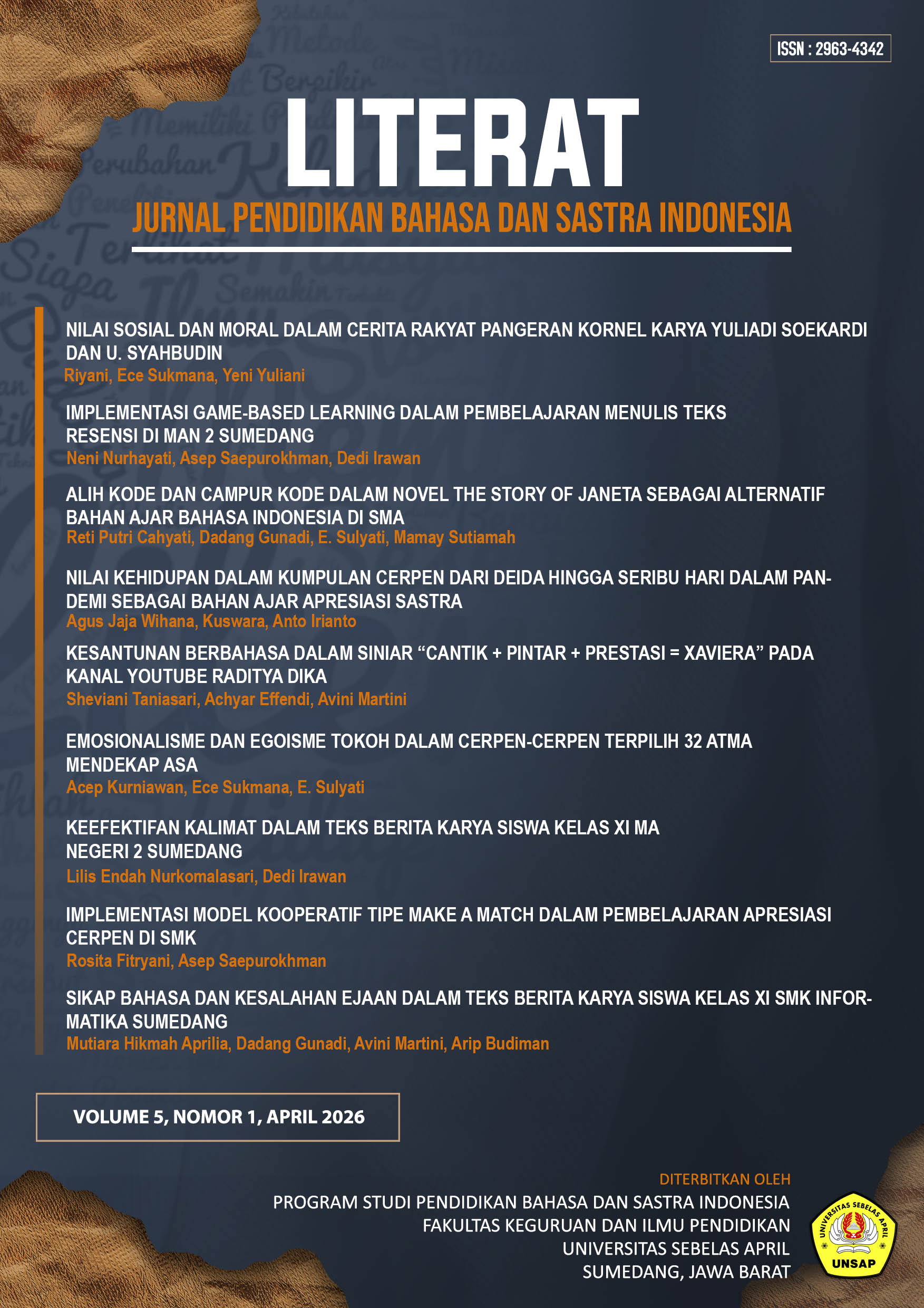 					View Vol. 5 No. 1 (2026): Literat - Jurnal Pendidikan Bahasa dan Sastra Indonesia
				